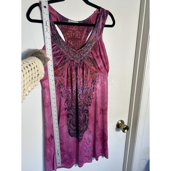 Unity Work Wear pink Paisley Print Tank Top Embellishment Rhinestone Boho M/L - Picture 7 of 9